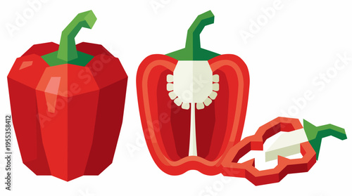 A modern depiction of red bell peppers with slices emphasizes freshness, nutrition, and healthy eating, making it suitable for culinary and health-related visuals.