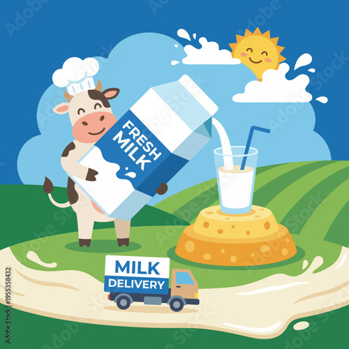 This delightful illustration features a cartoon cow happily pouring fresh milk into a glass, emphasizing the joy of farm life and the importance of dairy products.