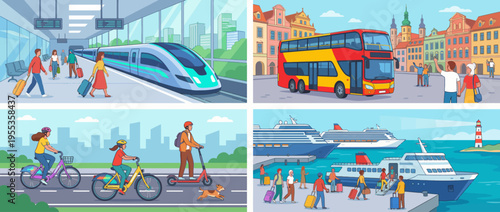 This dynamic illustration depicts various modes of transportation such as trains, buses, bikes, and ships, capturing the essence of modern travel and exploration.
