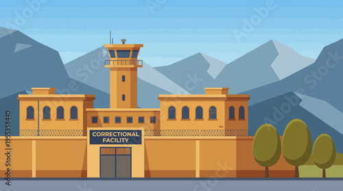 This graphic illustration captures a stylized correctional facility set against a scenic mountain backdrop, highlighting contrasts between isolation and the beauty of nature.