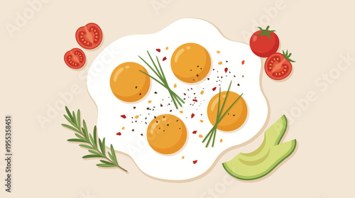 A visually appealing arrangement of four fresh eggs accompanied by tomatoes, herbs, and seasoning, ideal for breakfast inspirations and culinary designs in food photography.
