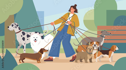 This lively image shows a dog walker managing several happy dogs in a park, capturing the essence of companionship, the joy of pets, and moments of outdoor fun.