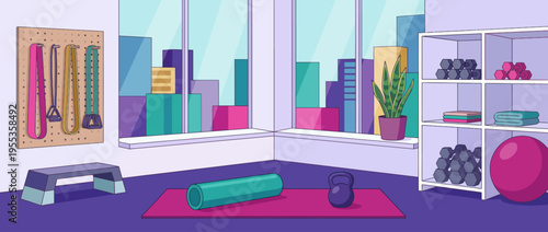 An organized home gym illustration showcasing fitness equipment like weights, resistance bands, and exercise mats in a bright, modern space designed for health and wellness.