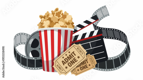 A colorful illustration of a classic movie night setup featuring popcorn, film reels, tickets, and a clapperboard, embodying the excitement and joy of cinema and entertainment.