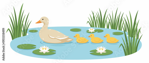 A heartwarming illustration showcasing a mother duck swimming serenely with her ducklings in a tranquil pond surrounded by lily pads and green grass, symbolizing family and nature.