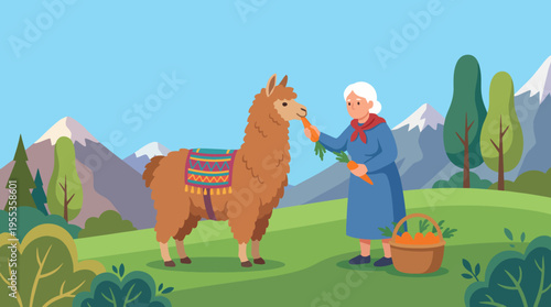 A charming scene of an elderly woman feeding a friendly llama in an idyllic farm landscape, evoking feelings of warmth, companionship, and a connection to nature.