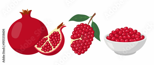 A visually appealing arrangement of whole and sliced pomegranates alongside plump red berries, highlighting freshness, nutrition, and nature's beauty in a clean presentation.