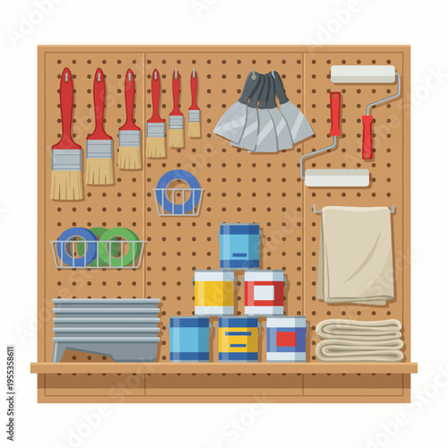 An organized pegboard showcases various paint supplies including brushes, rollers, and paint cans, highlighting the artistry and preparation involved in creative projects.