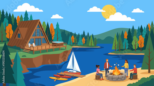 A picturesque cabin scene depicts a group gathered around a campfire near a serene lake, with kayaks on the shore, capturing the essence of nature and outdoor adventures.