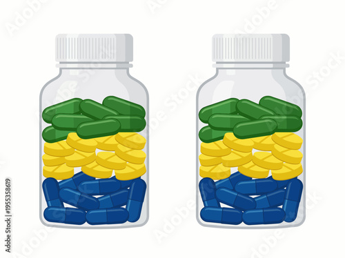 This image features two transparent bottles filled with vibrant colored capsules, symbolizing health, nutrition, and supplementation in an engaging graphic style.