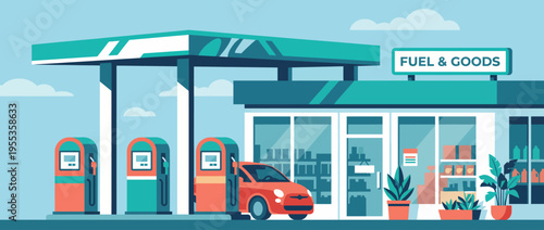 A contemporary gas station scene features fuel pumps, a convenience store filled with goods, set against a bright blue sky and minimalist design showcasing modern convenience.