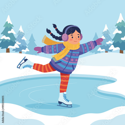 A happy girl glides gracefully on ice, surrounded by snowy trees, capturing the joy and thrill of winter sports, set in a dreamy winter wonderland with a crisp blue sky.