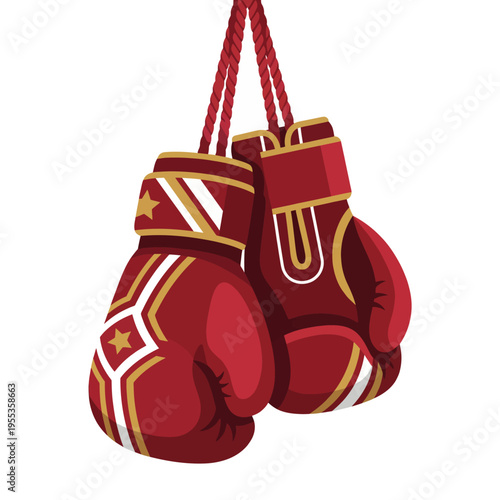 This image portrays a pair of red boxing gloves elegantly hanging by their laces, showcasing their vibrant colors and sporty design, perfect for a fitness-themed project.