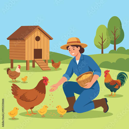 A dedicated farmer smiles while feeding a group of chickens on a sunny farm, showcasing the connection between agriculture, nature, and sustainable living in a delightful rural scene.