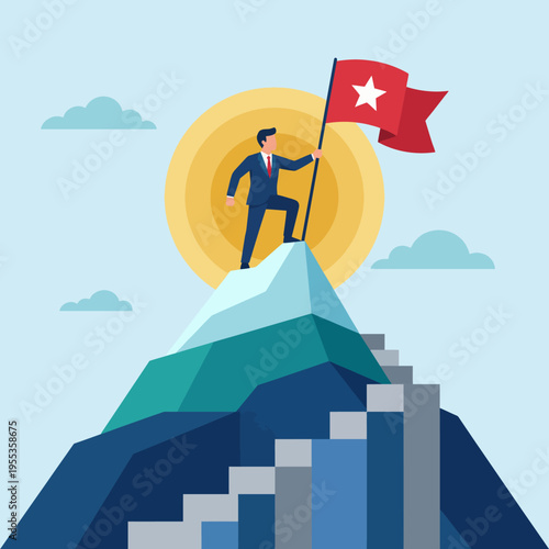 This image showcases a determined businessman triumphantly standing atop a mountain, raising a flag, symbolizing success, ambition, and the pursuit of goals in life.