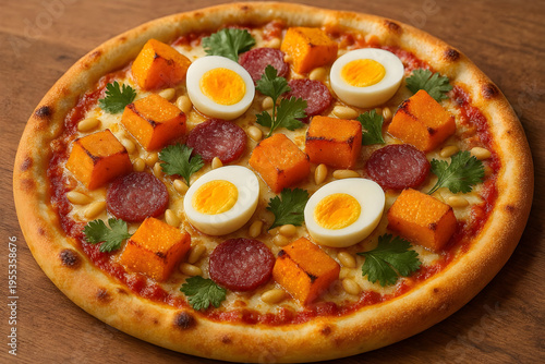 Hearty Pizza with Sweet Potatoes Pepperoni and Boiled Eggs