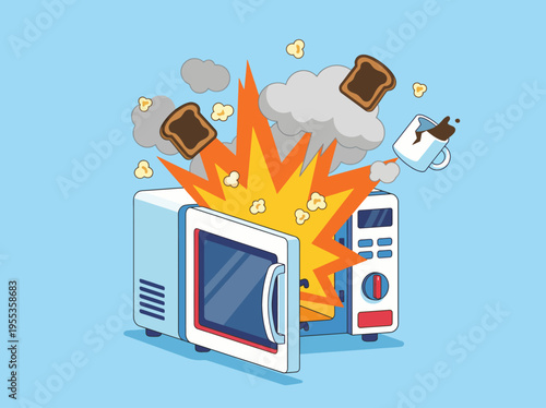 This humorous illustration depicts a microwave bursting with smoke and food items flying out, capturing the chaotic moment when cooking goes hilariously wrong.