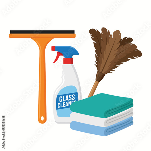 This image presents a gathering of various cleaning supplies including a glass cleaner, squeegee, and duster, suggesting an organized and efficient approach to cleaning tasks.