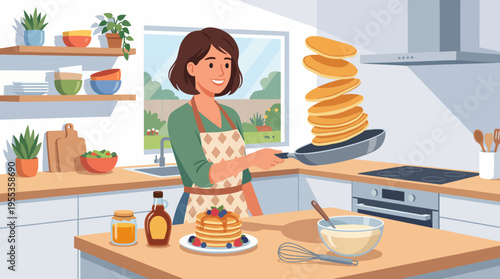 This delightful illustration captures a chef expertly flipping a stack of pancakes in a modern kitchen, exuding warmth and creativity, perfect for food and culinary projects.