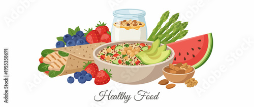An appealing arrangement of a healthy meal featuring fresh fruits, vegetables, grains, and yogurt, representing the essence of nutrition and wellness for a balanced diet.