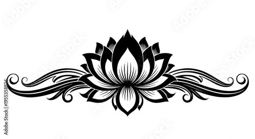 Elegant lotus flower black silhouette design element with decorative swirls and intricate scrolls, perfect for spiritual themes on transparent background. 