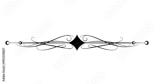 Elegant ornamental divider line with graceful black swirls and a prominent central diamond shape, perfect for text separation on transparent background. 