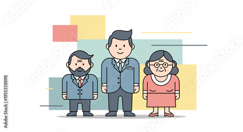 Cartoon illustration of groom standing between his parents in formal attire against a colorful geometric background