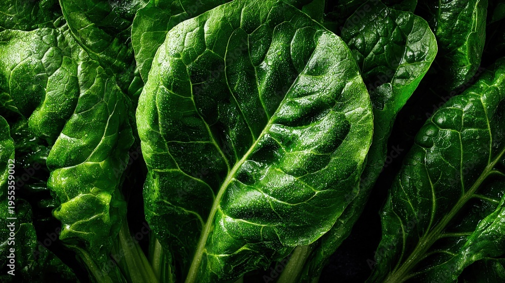 Fototapeta premium Fresh spinach leaves close-up: vibrant green texture, ideal for healthy food and nutrition concepts