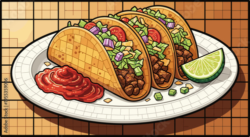 Colorful illustration of tacos with vibrant salsa on a white plate, featuring fresh vegetables and a lime wedge against a tiled background