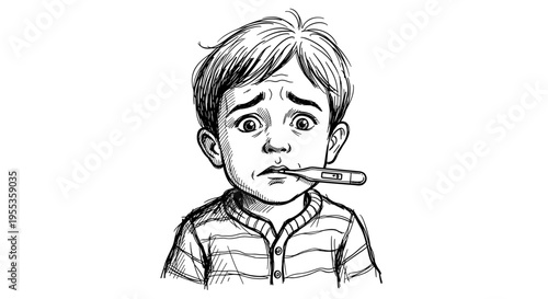 Black and white sketch of a concerned child with a thermometer in mouth, wearing a striped sweater, expressive facial features, isolated on white background