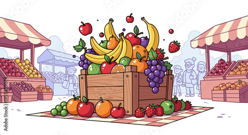Rustic wooden crate overflowing with vibrant fruit at a bustling market, depicting a colorful harvest scene with grapes, bananas, and apples under a clear sky