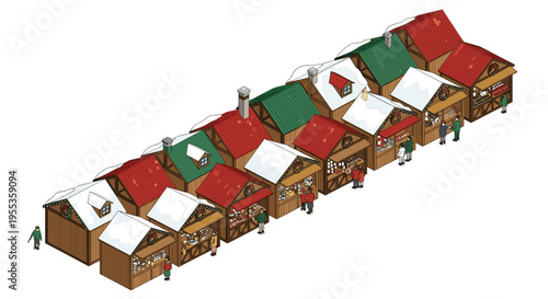 Festive Christmas market stalls with colorful red and green roofs, arranged in a charming line, showcasing a vibrant holiday spirit in a detailed illustration