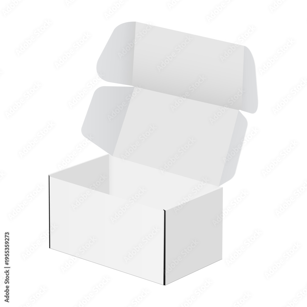 Obraz premium Small open rectangular cardboard box isolated on white background. Blank packaging container mockup for branding, product presentation and delivery design