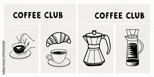 Coffee club illustrations featuring croissants pots and beverage servings