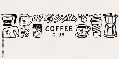 Hand drawn coffee elements and lettering forming a coffee club design