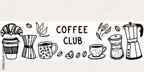 A charming black and white illustration of coffee and bakery items