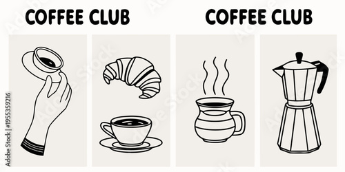 Coffee club illustration featuring hand croissant steam and coffee maker