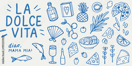 La Dolce Vita A blue line drawing featuring food fruit and italian elements