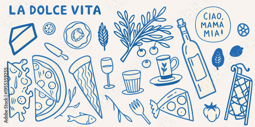 Italian themed doodle illustration featuring food drink and decorative elements