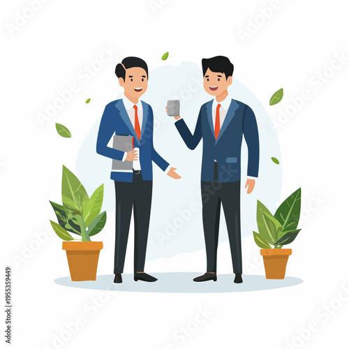 Two businessmen discuss and gesture while standing near plants