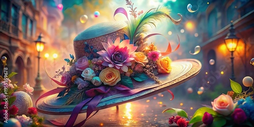 Whimsical Feather & Flower Hat: Dreamlike Architectural Photography