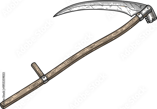 Vintage scythe farming tool with wooden handle and curved blade hand drawn engraving vector illustration