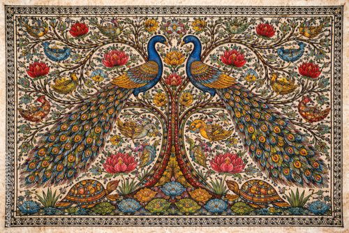 Authentic Traditional Madhubani Folk Art Painting of a Wedding Tree of Life on Handmade Paper