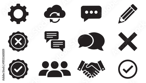 Collection of business communication and approval solid icons chat pencil check cross