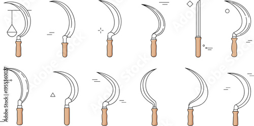Sickle and blade icons set with farming harvest tools flat minimal vector illustration