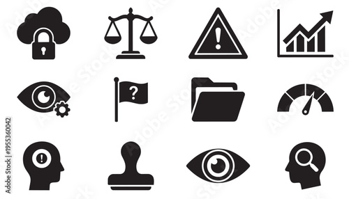 Set of business security and analytics solid icons cloud lock warning chart