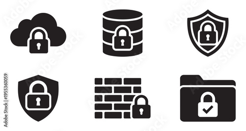 Set of cyber security protection icons cloud database shield firewall lock folder