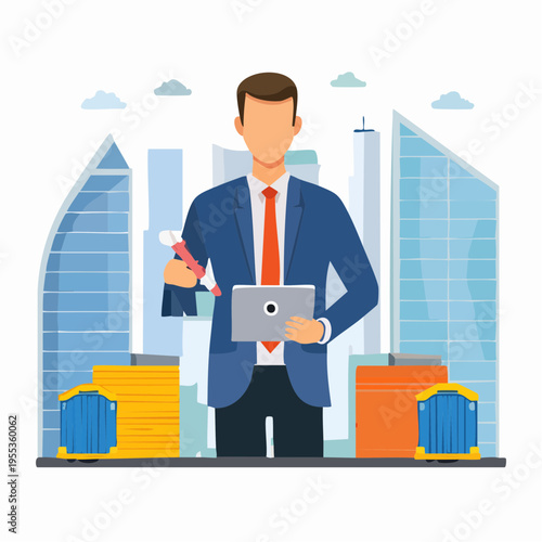 Businessman standing in front of a cityscape with laptop and hammer