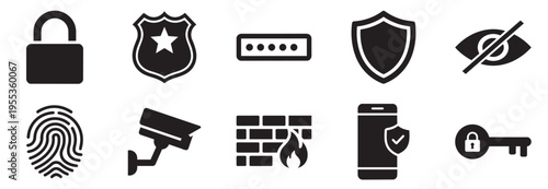 Bundle of cyber security protection solid icons lock shield password fingerprint cctv