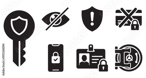 Set of digital security and privacy protection solid icons key shield lock